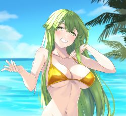 Rule 34 | 1girl, bare arms, bare shoulders, bikini, blue sky, blush, breasts, chuu (rinet), cloud, collarbone, commentary request, day, fire emblem, fire emblem: shadow dragon and the blade of light, green eyes, green hair, grin, hands up, highres, jewelry, large breasts, long hair, looking at viewer, navel, nintendo, ocean, outdoors, palla (fire emblem), ring, sky, smile, solo, stomach, swimsuit, upper body, very long hair, water, yellow bikini