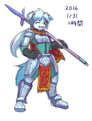 Rule 34 | androgynous, armor, blue hair, dog, full body, furry, gender request, grin, ni jikan, one eye closed, red eyes, short hair, simple background, smile, solo, white background
