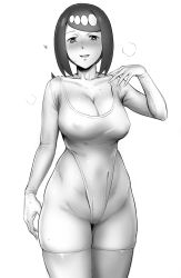 Rule 34 | 1girl, arm at side, bad id, bad pixiv id, blush, breasts, cleavage, collarbone, colored skin, covered erect nipples, cowboy shot, creatures (company), freckles, game freak, greyscale, hair ornament, hand up, heart, highleg, highleg leotard, highres, ikuchan kaoru, lana&#039;s mother (pokemon), large breasts, leotard, long hair, looking at viewer, mature female, monochrome, multicolored skin, nintendo, nose blush, open mouth, pokemon, pokemon (anime), pokemon sm (anime), ponytail, simple background, solo, standing, sweat, thighhighs, white background