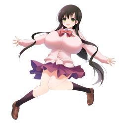 Rule 34 | 1girl, black hair, black socks, bow, bowtie, breasts, choker, full body, green eyes, hair bow, huge breasts, hyuuga takashi, iwato kasumi, jumping, kneehighs, knees together feet apart, loafers, long hair, looking at viewer, open mouth, ribbon, ribbon choker, saki (manga), school uniform, shoes, simple background, skirt, socks, solo, twintails, very long hair, white background