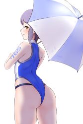 Rule 34 | 1girl, armpits, artist request, ass, back, bare shoulders, blue leotard, blush, body writing, breasts, female focus, from behind, half-closed eyes, high collar, highres, holding, holding umbrella, idolmaster, idolmaster million live!, legs, legs together, leotard, long image, looking at viewer, makabe mizuki, namco, neck, no bra, no panties, open mouth, parasol, purple hair, seductive smile, short hair, sidelocks, simple background, smile, standing, tall image, thighs, thong leotard, umbrella, white background, yellow eyes
