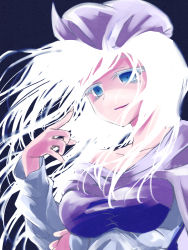 Rule 34 | 1girl, blue eyes, breast hold, breasts, colored eyelashes, hat, letty whiterock, long hair, open mouth, smile, solo, touhou, ugatsu matsuki, upper body, white hair