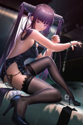 Rule 34 | 1girl, back, backless dress, backless outfit, bare shoulders, black dress, black footwear, black thighhighs, blunt bangs, breasts, cuffs, dress, fate/grand order, fate (series), handcuffs, high heels, highres, knee up, lace, lace-trimmed legwear, lace trim, large breasts, legs, long hair, looking at viewer, luomo, purple hair, short dress, side slit, sidelocks, sitting, smile, solo, thighhighs, thighs, twintails, very long hair, yang guifei (fate), yang guifei (second ascension) (fate)