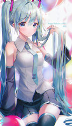 Rule 34 | 1girl, absurdres, aqua hair, bad id, bad pixiv id, balloon, bare shoulders, black skirt, black thighhighs, blue eyes, breasts, collared shirt, detached sleeves, eumi 114, hand up, happy birthday, hatsune miku, highres, holding, holding own hair, long hair, long sleeves, looking at viewer, medium breasts, miniskirt, necktie, pleated skirt, shirt, sitting, skirt, solo, thighhighs, twintails, very long hair, vocaloid, white shirt, zettai ryouiki