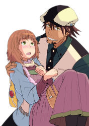 Rule 34 | 10s, 1boy, 1girl, blush, brown eyes, brown hair, cabbie hat, carrying, chiyomi, dress, extra, facial hair, green eyes, hat, jewelry, kaburagi t. kotetsu, mole, mole under each eye, mole under eye, multiple moles, necktie, orange hair, princess carry, ring, scarf, scarf girl (tiger &amp; bunny), short hair, simple background, stubble, tiger &amp; bunny, vest, waistcoat, wedding band, white background