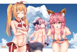 Rule 34 | 1boy, 2girls, ahoge, animal ears, ass, astolfo (fate), back, bare back, bare shoulders, beach, bikini, blonde hair, blush, bow, braid, breasts, cleavage, closed eyes, clothes pull, denim, denim shorts, fang, fate/apocrypha, fate/grand order, fate (series), fox ears, hair bow, hair ribbon, large breasts, leaning, leaning forward, long hair, looking at viewer, looking back, multiple girls, nero claudius (fate), nero claudius (fate) (all), nero claudius (fate/extra), nero claudius (swimsuit) (fate), nero claudius (swimsuit caster) (fate), open mouth, orange eyes, panties, parted lips, pink hair, ribbon, shorts, shorts pull, single braid, smcy, smile, swimsuit, tamamo (fate), tamamo no mae (fate/extra), tamamo no mae (swimsuit lancer) (fate), trap, twintails, underwear, very long hair