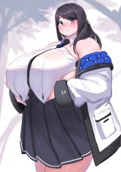 Rule 34 | 1girl, absurdres, bare shoulders, black eyes, black hair, black skirt, blurry, blurry background, blush, breasts, character request, closed mouth, copyright request, cowboy shot, dot nose, fat, hair over shoulder, highres, huge breasts, long hair, long sleeves, looking at viewer, looking to the side, medium hair, off shoulder, pleated skirt, plump, pocket, sideboob, skirt, solo, standing, tajyador, tareme, thick arms, thick thighs, thighs, wing collar