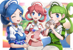 Rule 34 | 3girls, :d, ;), ;d, ascot, blue eyes, blue hair, blurry, blurry background, breasts, buttons, commentary request, cowboy shot, creatures (company), cup, disposable cup, employee uniform, game freak, gem, gonzarez, green hair, hair bun, hair rings, hat, highres, holding, holding cup, holding gem, long hair, looking at viewer, medium breasts, multiple girls, nintendo, nurse cap, one eye closed, open mouth, pink hair, poke ball print, pokemon, pokemon masters ex, puffy short sleeves, puffy sleeves, short sleeves, siblings, sidelocks, signature, single hair bun, sisters, sitting, skirt, smile, standing, swept bangs, teeth, tricia (pokemon), trinnia (pokemon), trista (pokemon), twintails, uniform, upper teeth only, white skirt