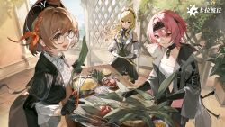 3girls audrey_(strinova) bare_shoulders black_choker black_gloves black_hat black_jacket black_skirt blonde_hair breasts brown_eyes brown_hair budget_sarashi choker cleavage fuchsia_(strinova) glasses gloves green_eyes grey_jacket hat headband highres holding jacket leaf long_hair long_sleeves looking_at_viewer maddelena_(strinova) medium_breasts medium_hair multiple_girls official_art open_clothes open_jacket pink_eyes pink_hair ponytail round_eyewear sarashi scissors shirt skirt strinova white_shirt