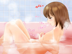 Rule 34 | 1girl, bath, bathing, blush, breasts, brown eyes, brown hair, female masturbation, fingering, knees, legs, masturbation, nikkeru suiso, nipples, nude, open mouth, partially submerged, small breasts, solo, steam, text focus, thighs, tiles, trembling, water, wet