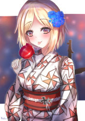 Rule 34 | 1girl, absurdres, artist name, blonde hair, blush, breasts, brown eyes, cross, fireworks, flower, girls&#039; frontline, hair flower, hair ornament, highres, japanese clothes, kimono, looking at viewer, martinreaction, medium hair, mp40 (girls&#039; frontline), saliva, saliva trail, simple background, solo, tongue, tongue out, yukata