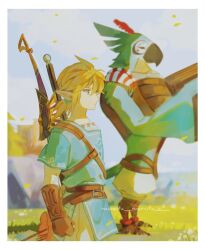 Rule 34 | 2boys, belt, bird boy, blonde hair, bow (weapon), brown belt, brown gloves, clenched hand, closed mouth, day, earrings, fingerless gloves, from side, furry, furry male, gloves, green shirt, highres, jewelry, link, long sleeves, male focus, maruta maruta, multiple boys, nintendo, outdoors, pants, pointy ears, ponytail, profile, shirt, the legend of zelda, the legend of zelda: breath of the wild, weapon, weapon on back