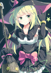Rule 34 | 1girl, absurdres, alternate hair color, black background, black cape, black gloves, black hat, black skirt, blush, bow, broom, cape, closed mouth, collarbone, elbow gloves, ghostrick witch, gloves, green eyes, green hair, hand up, hat, highres, holding, holding broom, kanzakietc, layered skirt, long hair, one side up, pink bow, pleated skirt, shirt, skirt, sleeveless, sleeveless shirt, smile, solo, star (symbol), very long hair, white shirt, witch hat, yu-gi-oh!