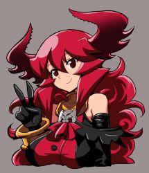 Rule 34 | 1girl, bare shoulders, black gloves, bracelet, breasts, curly hair, demon girl, elbow gloves, gloves, gorget, grey background, jewelry, large breasts, long hair, maou beluzel, matsuda yuusuke, red eyes, red hair, smile, solo, upper body, v, yuusha to maou