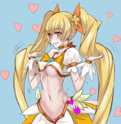 Rule 34 | 1girl, :d, areola slip, blue background, blush, bow, bowtie, breasts, brooch, choker, cropped shirt, cure sunshine, earrings, hair bow, hands up, heart, heart-shaped pupils, heart brooch, heartcatch precure!, highres, holding, holding own hair, honjou raita, jewelry, long hair, maebari, magic circle, medium breasts, myoudouin itsuki, navel, no bra, open mouth, orange bow, orange choker, orange eyes, precure, puffy short sleeves, puffy sleeves, sanpaku, shirt, short sleeves, simple background, smile, solo, standing, symbol-shaped pupils, twintails, underboob, very long hair, white shirt, wristband, yellow bow, yellow bowtie