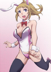 Rule 34 | 10s, 1girl, adapted costume, animal ears, bare shoulders, blue eyes, blush, bow, bowtie, breasts, brown hair, cleavage, detached collar, fake animal ears, gundam, gundam build fighters, gundam build fighters try, high heels, hoshino fumina, long hair, natsumi chorisuke, open mouth, playboy bunny, ponytail, rabbit ears, smile, solo, thighhighs, wrist cuffs