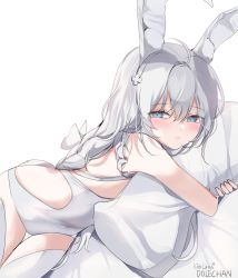 Rule 34 | 1girl, absurdres, ahoge, animal ear fluff, animal ears, artist name, azur lane, bare arms, blue eyes, blush, braid, clothing cutout, crotchless, crotchless pantyhose, dolechan, hair between eyes, hair ornament, highres, le malin (azur lane), le malin (listless lapin) (azur lane), leotard, long hair, low twin braids, lying, hugging object, on side, pantyhose, parted lips, pillow, pillow hug, rabbit ears, solo, thighhighs, twin braids, white background, white hair, white leotard