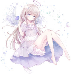 Rule 34 | 1girl, absurdres, angel wings, bad id, bad pixiv id, bare legs, barefoot, blush, brown hair, closed mouth, commentary, crescent, dress, feathered wings, grey dress, hair ornament, hairclip, halo, hand up, heart, highres, holding, long hair, off-shoulder dress, off shoulder, original, puffy short sleeves, puffy sleeves, purple eyes, short sleeves, simple background, solo, star (symbol), starry background, symbol-only commentary, tsukiyo (skymint), very long hair, white background, white wings, wings, x hair ornament