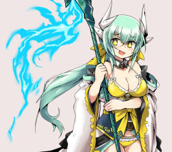 Rule 34 | 1girl, :d, aqua hair, bare shoulders, bikini, bow, breasts, cleavage, cowboy shot, dragon girl, dragon horns, fate/grand order, fate (series), furrowed brow, hair between eyes, hair bow, holding, holding naginata, holding weapon, horns, japanese clothes, kiyohime (fate), kiyohime (fate/grand order), kiyohime (swimsuit lancer) (fate), kiyohime (swimsuit lancer) (first ascension) (fate), legs together, long hair, medium breasts, multiple hair bows, n36hoko, naginata, off shoulder, open mouth, polearm, smile, solo, swimsuit, twintails, weapon, white horns, wide sleeves, yellow bikini, yellow bow, yellow eyes