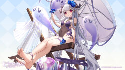 Rule 34 | 1girl, ahoge, artist request, banshee (echocalypse), barefoot, beach umbrella, bikini, blue flower, blue rose, bug, butterfly, checkered background, copyright notice, covered navel, cross, echocalypse, flower, ghost, gold choker, grey hair, hair flower, hair ornament, highres, horn ornament, horns, insect, logo, o-ring, o-ring swimsuit, official art, on chair, pink eyes, purple bikini, rose, second-party source, see-through bikini, sitting, solo, swimsuit, thigh strap, thorns, umbrella