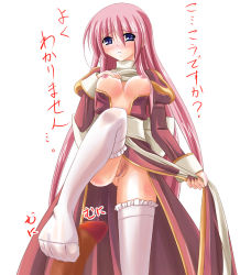 Rule 34 | 1girl, blue eyes, blush, breasts, breasts out, censored, feet, female pubic hair, footjob, high priest (ragnarok online), long hair, nipples, no panties, penis, pink hair, priestess, pubic hair, pussy, ragnarok online, solo focus, thighhighs, translated, very long hair