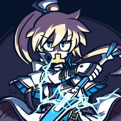 Rule 34 | 1boy, blonde hair, blue eyes, buckle, commission, covered mouth, dark, glowing, guilty gear, holding, holding weapon, ky kiske, lightning, male focus, medium hair, ponytail, shaded face, signature, simple background, solo, suragi 0, weapon