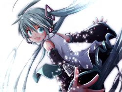 Rule 34 | 1girl, akino coto, aqua eyes, aqua hair, bare shoulders, detached sleeves, hatsune miku, highres, long hair, looking at viewer, nail polish, necktie, open mouth, solo, sparkle, twintails, very long hair, vocaloid