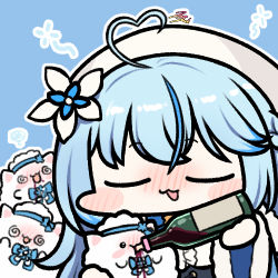 Rule 34 | 1girl, @ @, ahoge, alcohol, blue background, blue hair, blush, bottle, chibi, closed eyes, commentary request, dizzy, drinking, flower, hair between eyes, hair flower, hair ornament, half updo, hat, heart, heart ahoge, holding, hololive, jazz jack, light blue hair, long sleeves, lowres, multicolored hair, open mouth, simple background, solo, squeans, two-tone hair, upper body, virtual youtuber, wide sleeves, wine, wine bottle, yukihana lamy