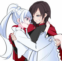 Rule 34 | 2girls, black hair, blue eyes, blush, cape, capelet, carrying, clenched teeth, dress, frills, grey eyes, long sleeves, looking at another, multiple girls, ponekusan, ponytail, princess carry, red cape, ruby rose, rwby, simple background, smile, teeth, weiss schnee, white background, white hair, wide sleeves, yuri