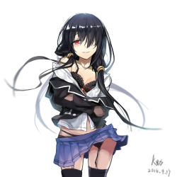 Rule 34 | 10s, 1girl, absurdres, backlighting, bad id, bad pixiv id, black bra, black hair, black thighhighs, blazer, bra, breasts, cleavage, clothes lift, crossed arms, date a live, frilled bra, frills, garter belt, garter straps, hair over one eye, highres, jacket, kzhu, long hair, long sleeves, looking at viewer, low twintails, off shoulder, open clothes, open jacket, open shirt, pleated skirt, red eyes, revision, shirt, skirt, skirt lift, smile, solo, thighhighs, thighs, tokisaki kurumi, twintails, unbuttoned, underwear, very long hair