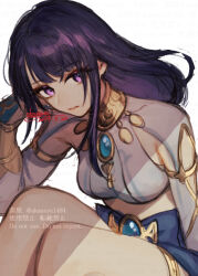Rule 34 | 1girl, armpit cutout, breasts, brooch, clothing cutout, commentary request, cosplay, crop top, genshin impact, jewelry, long hair, looking at viewer, medium breasts, midriff, neck ring, nilou (genshin impact), nilou (genshin impact) (cosplay), ojo aa, purple eyes, purple hair, raiden shogun, sitting, solo, thighlet