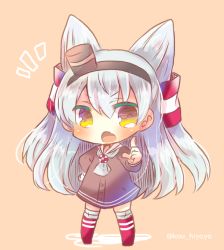 Rule 34 | 1girl, :o, amatsukaze (kancolle), black dress, black hairband, black headwear, blush, brown background, brown eyes, commentary request, dress, fang, full body, grey neckwear, hair between eyes, hair tubes, hairband, hat, kantai collection, kou hiyoyo, lifebuoy, long hair, long sleeves, looking at viewer, mini hat, notice lines, open mouth, red thighhighs, sailor collar, sailor dress, silver hair, solo, standing, striped clothes, striped thighhighs, swim ring, thighhighs, tilted headwear, twitter username, two side up, very long hair, white sailor collar