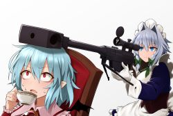 Rule 34 | 2girls, anti-materiel rifle, apron, bat wings, blue eyes, blue hair, bolt action, braid, chair, closed mouth, commentary request, cup, dress, fingernails, gloves, greenkohgen, grey background, gun, hair between eyes, hair intakes, holding, holding cup, holding gun, holding weapon, izayoi sakuya, long fingernails, long sleeves, maid headdress, multiple girls, nail polish, no headwear, open mouth, pgm hecate ii, pointy ears, red eyes, red nails, remilia scarlet, rifle, short hair, silver hair, simple background, sniper rifle, sweat, teacup, touhou, weapon, white apron, white gloves, wings