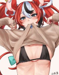 Rule 34 | 1girl, animal ears, arms up, bikini, bikini top only, black bikini, blue eyes, breasts, clothes in mouth, clothes lift, commentary, condom, condom in mouth, condom wrapper, english commentary, hair ornament, hakos baelz, highres, hololive, hololive english, lifted by self, mouse ears, mouse tail, mouth hold, mr thecatman, multicolored hair, red hair, shirt in mouth, shirt lift, simple background, sleeves past wrists, solo, streaked hair, string bikini, sweater, swimsuit, tail, upper body, virtual youtuber