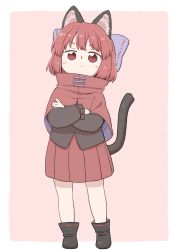 Rule 34 | 1girl, :&lt;, aged down, animal ears, black footwear, blush, boots, border, bow, capelet, cat ears, cat tail, closed mouth, crossed arms, full body, hair bow, highres, kemonomimi mode, long sleeves, looking at viewer, pink background, pleated skirt, poronegi, purple bow, red capelet, red eyes, red hair, red skirt, sekibanki, short hair, simple background, skirt, solo, tail, tail raised, touhou, white border