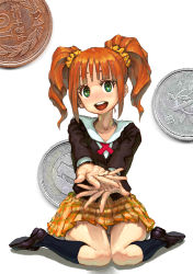 Rule 34 | 00s, 1girl, begging, blunt bangs, brown hair, coin, colored eyelashes, eyelashes, green eyes, idolmaster, idolmaster (classic), jonpei, outstretched arms, outstretched hand, poverty, school uniform, sidelocks, sitting, skirt, solo, takatsuki yayoi, twintails, wariza, yen