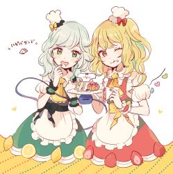 Rule 34 | 2girls, apron, ascot, black bow, black sash, blonde hair, blush, bow, cake, commentary request, dress, eyeball, flandre scarlet, food, food on face, frilled apron, frills, fruit, green dress, green eyes, hat, heart, highres, holding, holding plate, komeiji koishi, light green hair, looking at viewer, medium hair, mozukuzu (manukedori), multiple girls, one eye closed, one side up, open mouth, plate, red dress, red eyes, sash, simple background, strawberry, third eye, tongue, tongue out, touhou, waist apron, wavy hair, white apron, white background, white headwear, wings, wrist cuffs, yellow ascot, yellow bow