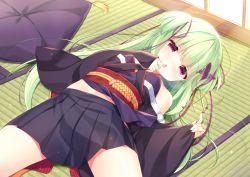 Rule 34 | 1girl, black skirt, blush, breasts, butterfly hair ornament, chestnut mouth, commentary request, cushion, green hair, hair ornament, hair ribbon, half-closed eyes, hands up, ikataruto, indoors, long hair, long sleeves, looking at viewer, lying, murasame (senren), obi, on back, on floor, parted lips, pinching, pleated skirt, purple ribbon, red eyes, ribbon, sash, senren banka, skirt, sleeves past wrists, small breasts, solo, tatami, two side up, very long hair, wide sleeves, zabuton