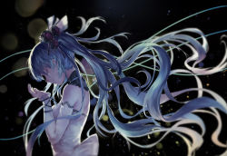 Rule 34 | 1girl, azomo, blue hair, detached sleeves, closed eyes, floating hair, flower, from side, hair flower, hair ornament, hatsune miku, highres, long hair, night, solo, upper body, very long hair, vocaloid