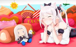 Rule 34 | 1girl, aircraft, airplane, animal ears, arm support, arrow (projectile), arrow through heart, azur lane, bare shoulders, black bow, black dress, blue eyes, blush, bow, cat ears, cat hair ornament, character doll, chocolate, choker, closed eyes, closed mouth, collarbone, commentary, detached sleeves, diagonal stripes, dress, hair bow, hair ornament, hair ribbon, hairband, hammann (azur lane), heart, highres, long hair, lying, on stomach, one side up, parted bangs, pillow, puffy short sleeves, puffy sleeves, red choker, red ribbon, remodel (azur lane), ribbon, short sleeves, silver hair, smile, solo, strapless, strapless dress, striped, sun symbol, very long hair, wrist cuffs, yorktown (azur lane), yuujoduelist