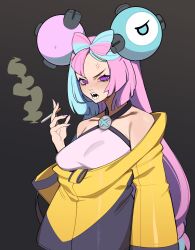 Rule 34 | 1girl, absurdres, anger vein, angry, aqua hair, bare shoulders, black background, blush, bow-shaped hair, cigarette, creatures (company), criss-cross halter, game freak, hair ornament, halterneck, hand up, highres, holding, holding cigarette, iono (pokemon), jacket, multicolored hair, nintendo, off-shoulder jacket, off shoulder, pink hair, pink nails, pokemon, pokemon sv, porqueloin, purple eyes, sharp teeth, shirt, simple background, smoke trail, solo, teeth, two-tone hair, upper body, white shirt, wide sleeves, yellow jacket