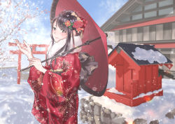 Rule 34 | 1girl, absurdres, architecture, bare tree, blush, bow, brown eyes, brown hair, cowboy shot, day, east asian architecture, floral print, flower, hair bow, hair flower, hair ornament, highres, japanese clothes, jiao, kimono, long hair, looking at viewer, oil-paper umbrella, original, outdoors, over shoulder, parasol, red kimono, red umbrella, scarf, shrine, snow, snowing, solo, standing, torii, tree, umbrella, very long hair, white scarf, wide sleeves