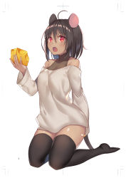 Rule 34 | 1girl, :o, ahoge, animal ears, arm behind back, bandaid, bandaid on leg, bare shoulders, black hair, black thighhighs, blush, breasts, cheese, cleavage, collarbone, commentary request, dark-skinned female, dark skin, dress, food, full body, grey dress, highres, holding, holding food, kneeling, long sleeves, looking at viewer, mouse ears, mouse girl, mouse tail, no shoes, open mouth, original, red eyes, short dress, short hair, simple background, small breasts, solo, tail, thighhighs, white background, yuraiko