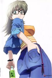 Rule 34 | 00s, 1girl, aqua eyes, ass, back, bottle, breasts, covered erect nipples, denim, denim jacket, drink, from behind, from below, geneon, glasses, green tea, grey hair, ishihama masashi, jacket, jeans, large breasts, long hair, looking at viewer, looking back, midriff, official art, open clothes, open jacket, orange shirt, pants, r.o.d the tv, read or die, shirt, simple background, smile, solo, standing, striped clothes, striped shirt, sumiregawa nenene, tea, watch, white background, wristwatch
