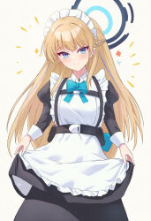 Rule 34 | 1girl, apron, blonde hair, blue archive, blue bow, blue bowtie, blue eyes, blue hair, blue halo, bow, bowtie, braid, closed mouth, commentary request, grey background, halo, highres, itaba atsushi, long hair, long sleeves, looking at viewer, maid, maid apron, maid headdress, multicolored hair, puffy long sleeves, puffy sleeves, simple background, solo, toki (blue archive), two-tone hair