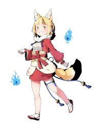 Rule 34 | 1girl, animal ears, blonde hair, brown hair, fingerless gloves, fire emblem, fire emblem fates, fox ears, fox tail, full body, gloves, grin, highres, japanese clothes, long sleeves, multicolored hair, nintendo, ruis bacon, selkie (fire emblem), simple background, smile, solo, streaked hair, tail, white background, white gloves, yellow eyes