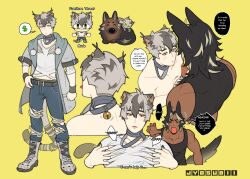 Rule 34 | 2boys, 700hash, absurdres, animal, animal collar, animal ears, animalization, artist name, bell, black hair, black shirt, blonde hair, boots, borrowed character, cat, cat boy, cat ears, cat tail, claws, closed eyes, closed mouth, coat, collar, commentary, crossover, dark-skinned male, dark skin, denim, dog, dog boy, dog ears, dog tail, ear piercing, english text, facing another, fingernails, flying sweatdrops, green eyes, grey coat, grey hair, grey shirt, groin, hand on another&#039;s chest, highres, jeans, leash, male focus, midriff, multicolored hair, multiple boys, multiple views, neck bell, neco spirit, notched ear, open mouth, original, pants, paw shoes, piercing, reaching towards another, sharp fingernails, shirt, short hair, simple background, skin tight, sleeveless, sleeveless shirt, speech bubble, standing, streaked hair, symbol-only commentary, tail, tearing clothes, thought bubble, tongue, tongue out, torn clothes, torn jeans, torn pants, very short hair, yaoi, yellow background