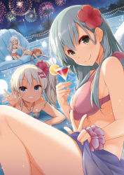 Rule 34 | &gt; &lt;, 4girls, aerial fireworks, ass, bikini, blonde hair, blue eyes, blush, bow, breasts, brown hair, cocktail, collarbone, commentary request, cup, drink, drinking glass, closed eyes, fireworks, flower, food, fruit, grecale (kancolle), green eyes, green hair, grin, hair between eyes, hair bow, hair flower, hair ornament, hibiscus, highres, holding, holding cup, jewelry, kantai collection, large breasts, lemon, lemon slice, libeccio (kancolle), long hair, looking at viewer, maestrale (kancolle), multiple girls, necklace, night, night sky, one side up, open mouth, outdoors, palm tree, pink bikini, pink bow, pink flower, pink scrunchie, polka dot, polka dot bikini, purple sarong, red flower, sarong, scrunchie, sitting, sky, smile, suzuya (kancolle), swimsuit, tan, tanline, tree, tropical drink, twintails, v-shaped eyebrows, white bikini, wrist scrunchie, yume no owari