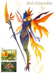 Rule 34 | 1girl, absurdres, bird of paradise flower, blue skin, bodysuit, closed mouth, colored skin, facing viewer, fewer digits, flower, full body, halberd, hat, highres, holding, holding polearm, holding staff, holding weapon, long hair, matilda fiship, orange hair, original, polearm, solo, staff, standing, talons, weapon, wings