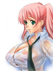 Rule 34 | blush, breasts, candy cane (rumble roses), cleavage, dodai shouji, gradient background, green eyes, huge breasts, nipples, pink hair, see-through, smile, twintails, wet